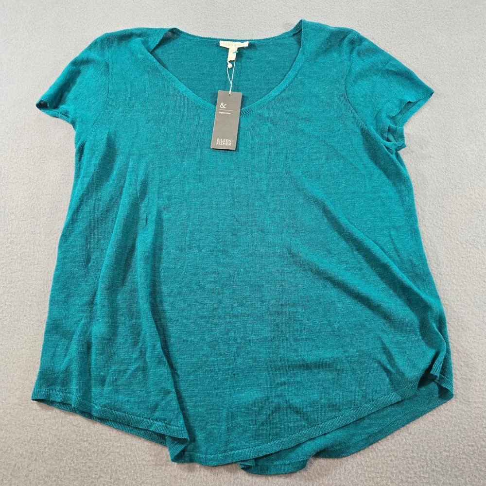 Eileen Fisher Top Womens Large L Teal Organic Linen V-Neck Short Sleeve Knit